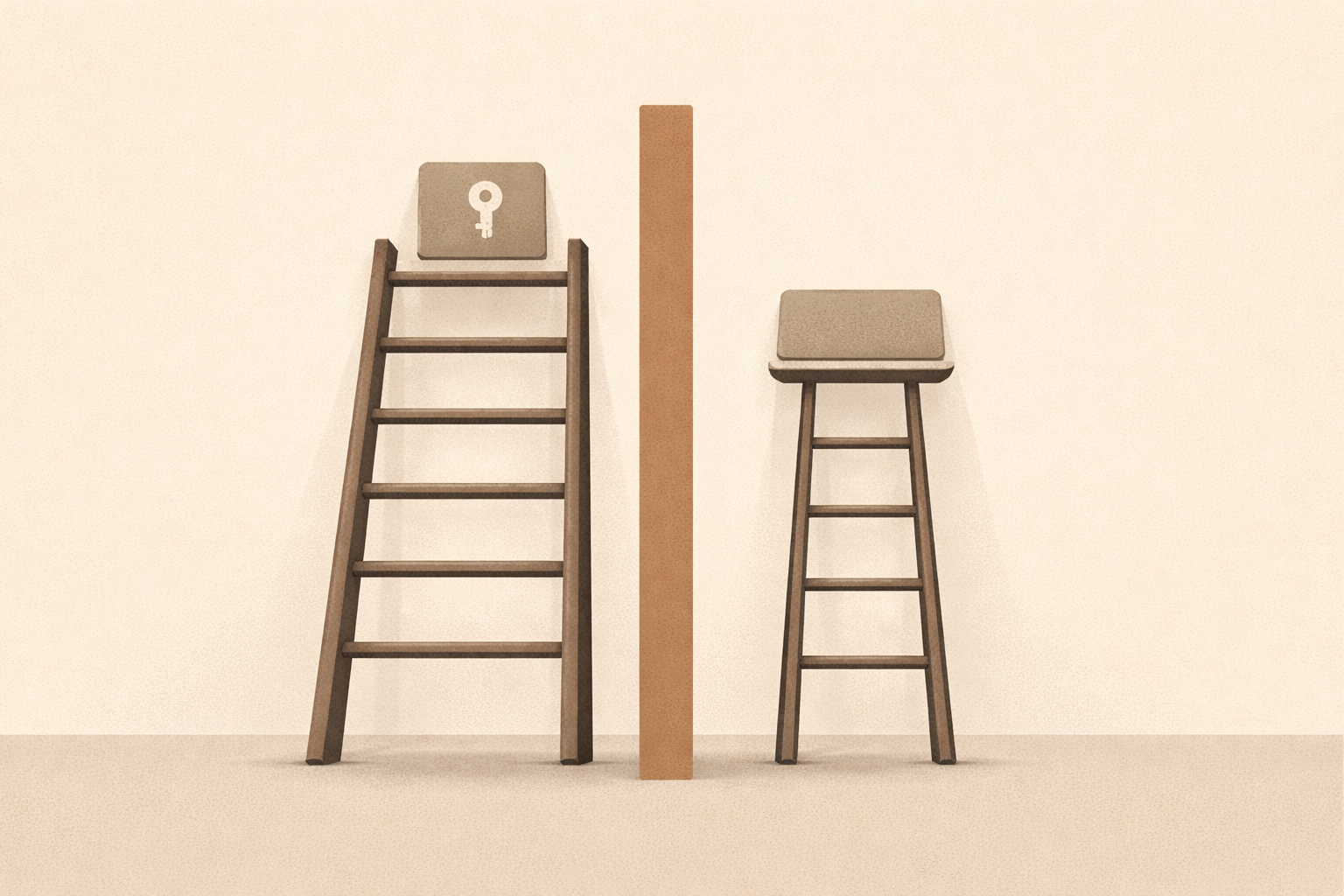 Equity vs diversity illustrated as two ladders: one wide with ownership at the top, one narrow ending at a badge labeled representation