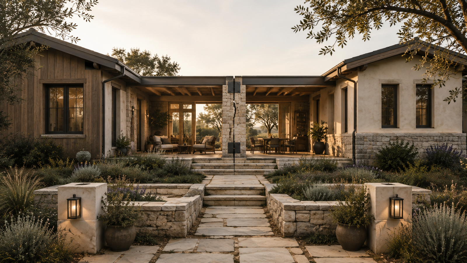 Two distinct architectural wings joined by a shared central structure, representing commitment, agency, optionality, and voluntary interdependence in relationships.