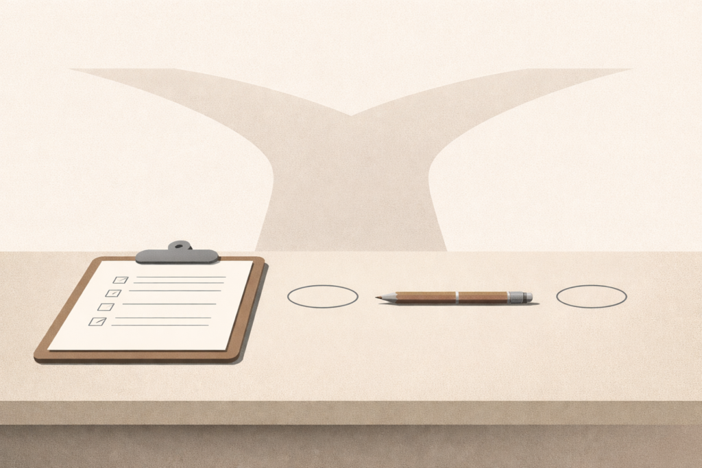 Minimalist illustration representing indecision as fear of regret through paused choices