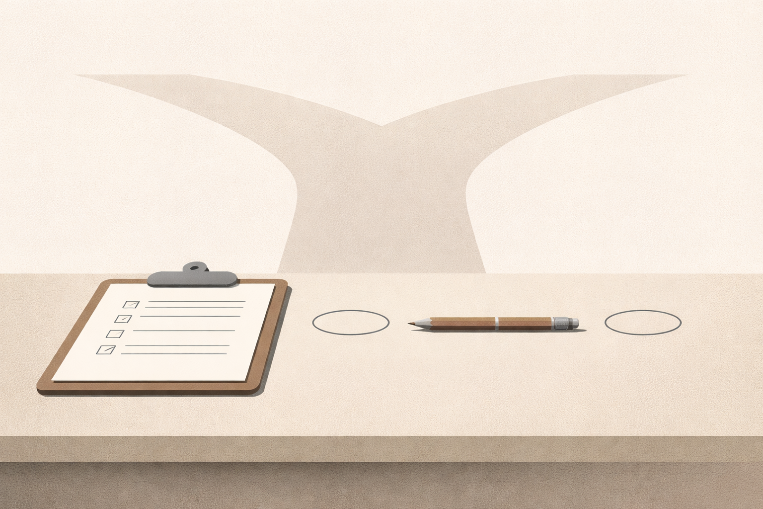 Minimalist editorial illustration representing fear of regret as quiet indecision and paused choice