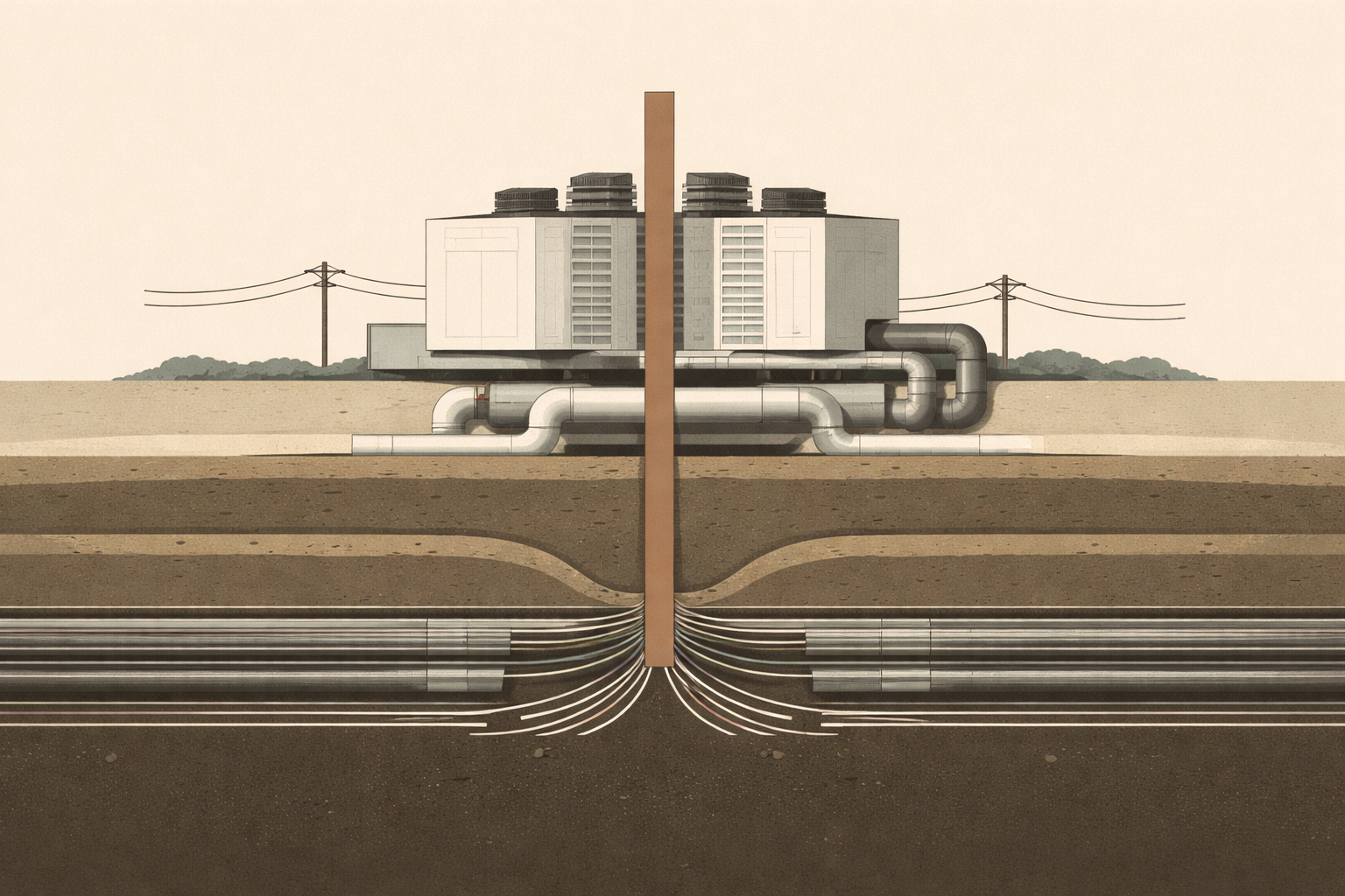 Illustration showing how the internet physically works through data centers, power systems, and underground fiber infrastructure
