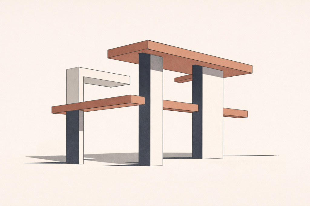 Minimalist architectural illustration showing engineered spacing and buffer zones representing mental margin and disciplined recovery.