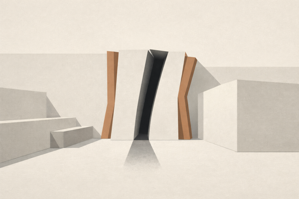 Minimalist architectural illustration showing a structured system under strain, representing attention control breaking under stress.