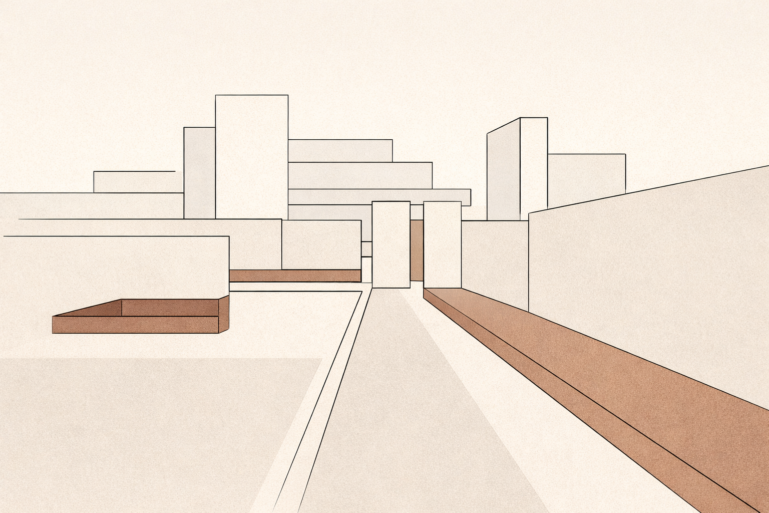 Order is not oppression: minimalist civic illustration showing calm structure, clear boundaries, and shared public space.