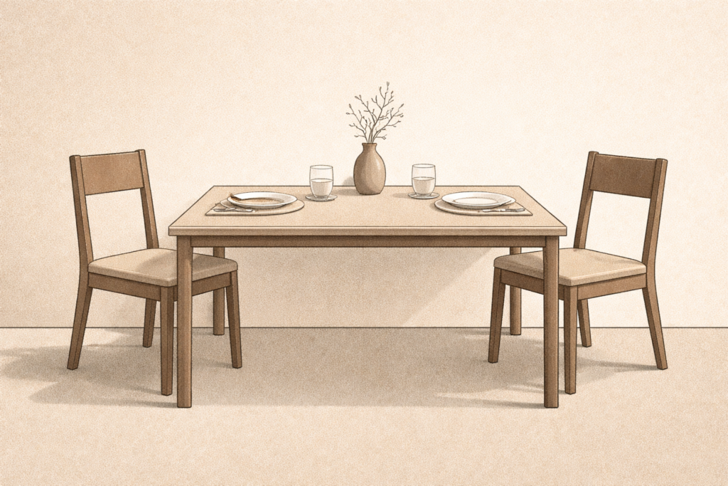 Minimalist illustration showing politeness without respect through misaligned seating and subtle boundaries