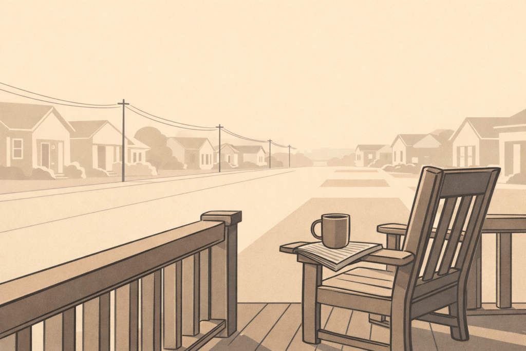 Minimalist porch illustration symbolizing liberation language systems, seasoned judgment, and accountability without spectacle.