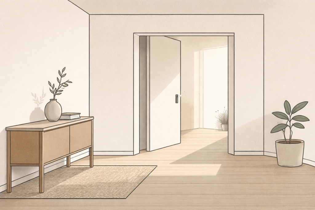 Minimalist interior scene with an open doorway and steady light, representing presence as a grounded daily practice without emotional performance.