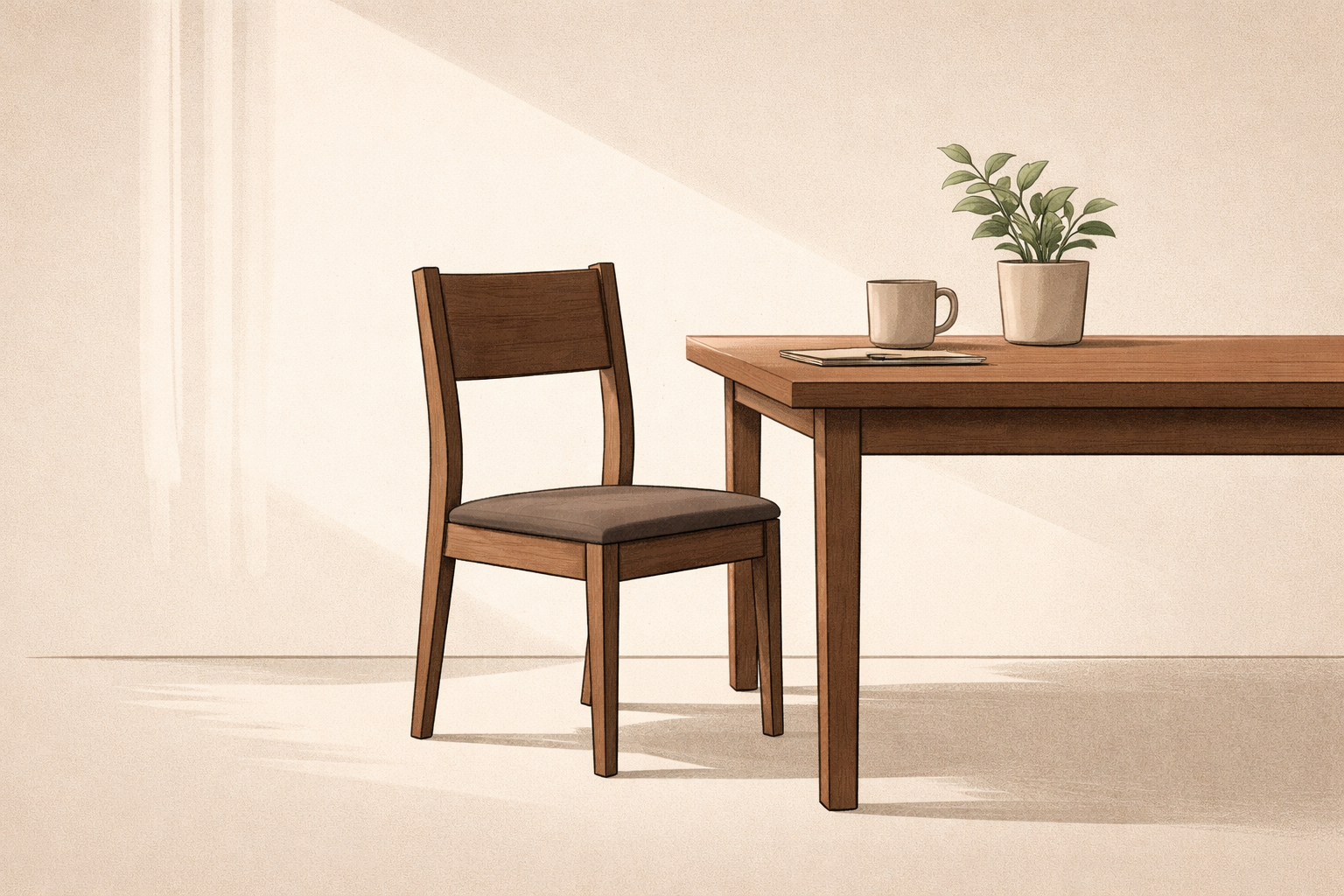 Minimalist interior scene representing strength without hiding emotions and quiet emotional presence.