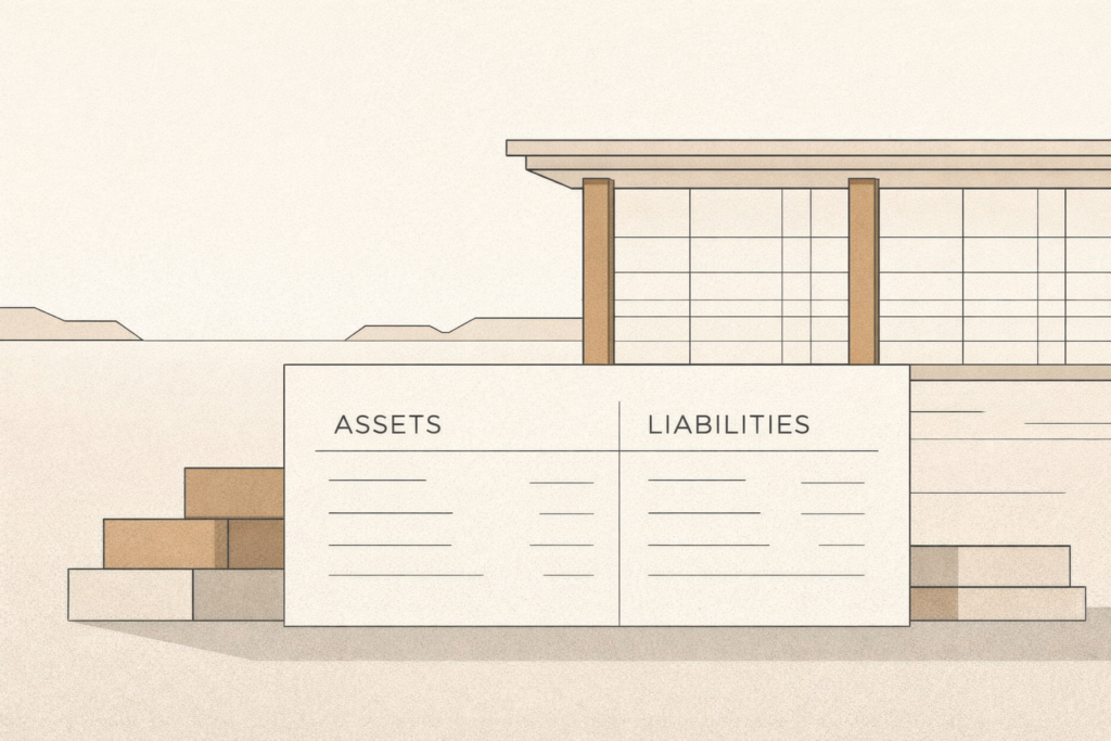 Minimalist editorial illustration of a balance sheet and structural financial forms, representing self-sufficiency as measurable economic capacity rather than belief.