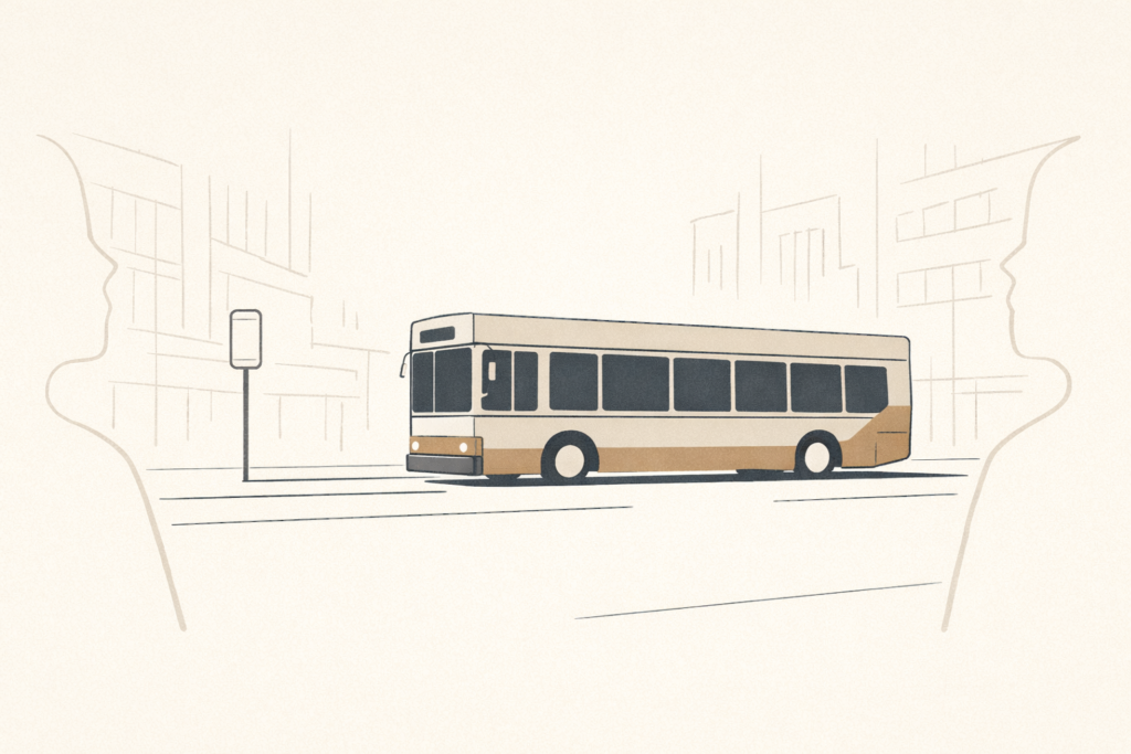 Minimalist illustration of a city bus in a shared street space symbolizing restraint and respect for public infrastructure.