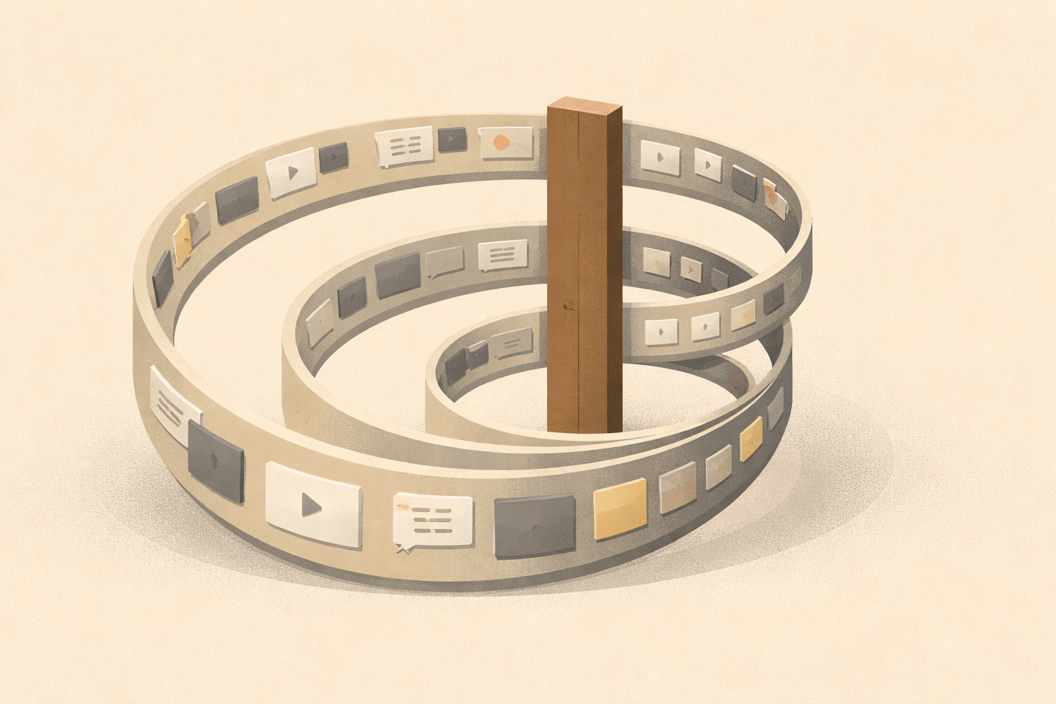Social media feedback loop illustrated as a tightening cycle that narrows information while a structural beam interrupts the pattern.