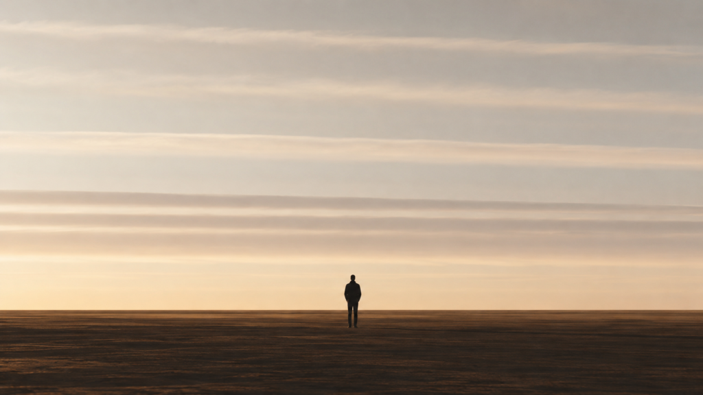 Minimalist editorial illustration of a solitary figure beneath evenly layered open skies, representing clear internal conditions, balanced perception, and emotional readiness in The Soul Weather Report.