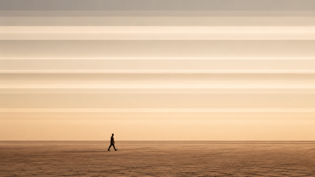 Minimalist editorial illustration of a solitary figure beneath balanced atmospheric layers, representing emotional awareness becoming quiet daily practice through sustained clarity and internal stability.