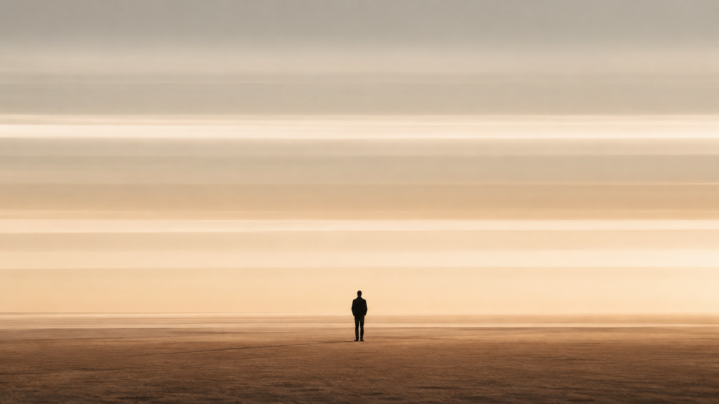 Minimalist editorial illustration of a solitary figure beneath balanced atmospheric layers, representing the ongoing practice of protecting mental clarity, emotional resilience, and internal stability.