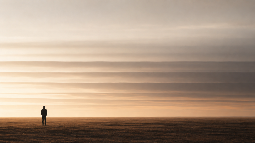 Minimalist editorial illustration of a solitary figure observing layered skies stretching toward a distant horizon, representing emotional forecasting through careful observation and pattern recognition.