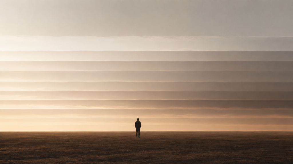 Minimalist editorial illustration showing a solitary figure beneath layered atmospheric bands that gradually shift across a wide horizon, representing recurring internal seasons through subtle structural change.
