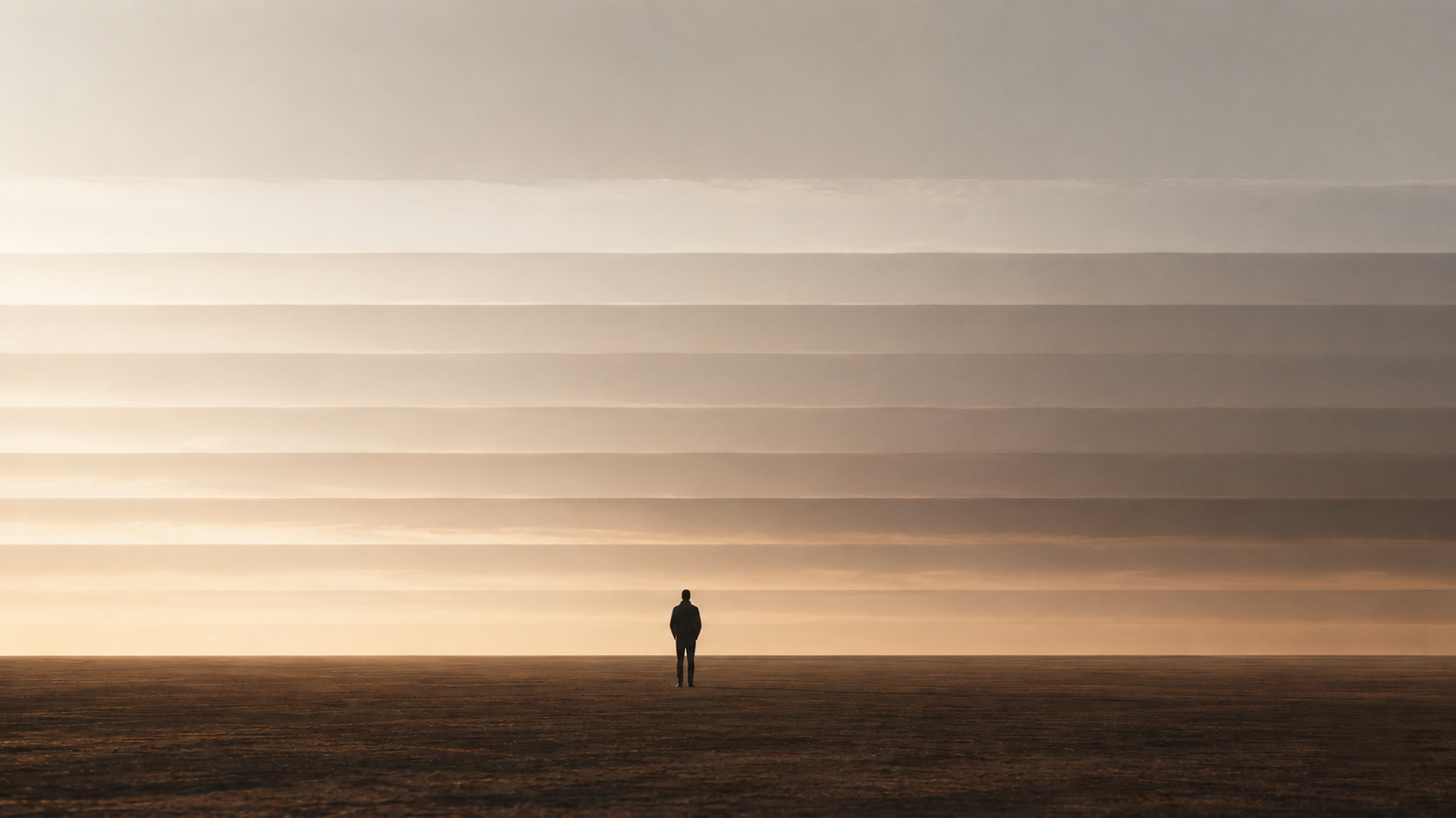Minimalist atmospheric illustration showing a solitary figure beneath layered atmospheric bands that gradually shift across a wide horizon, representing recurring internal seasons and emotional patterns.