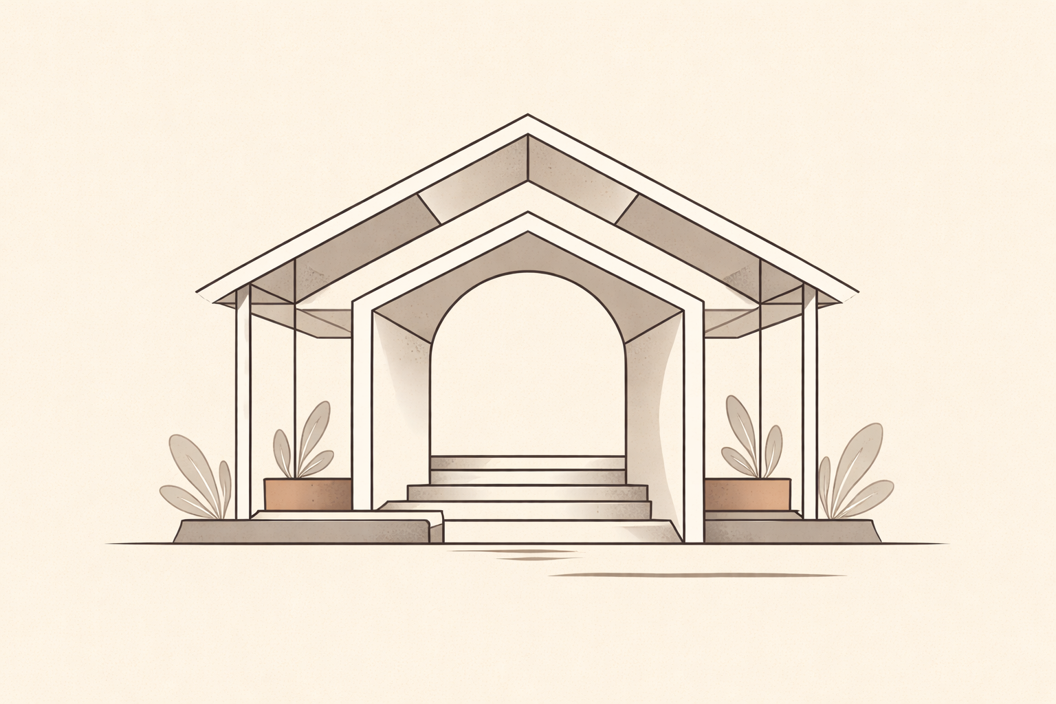 Minimalist architectural illustration showing structure as care through open boundaries that support and protect without confinement.
