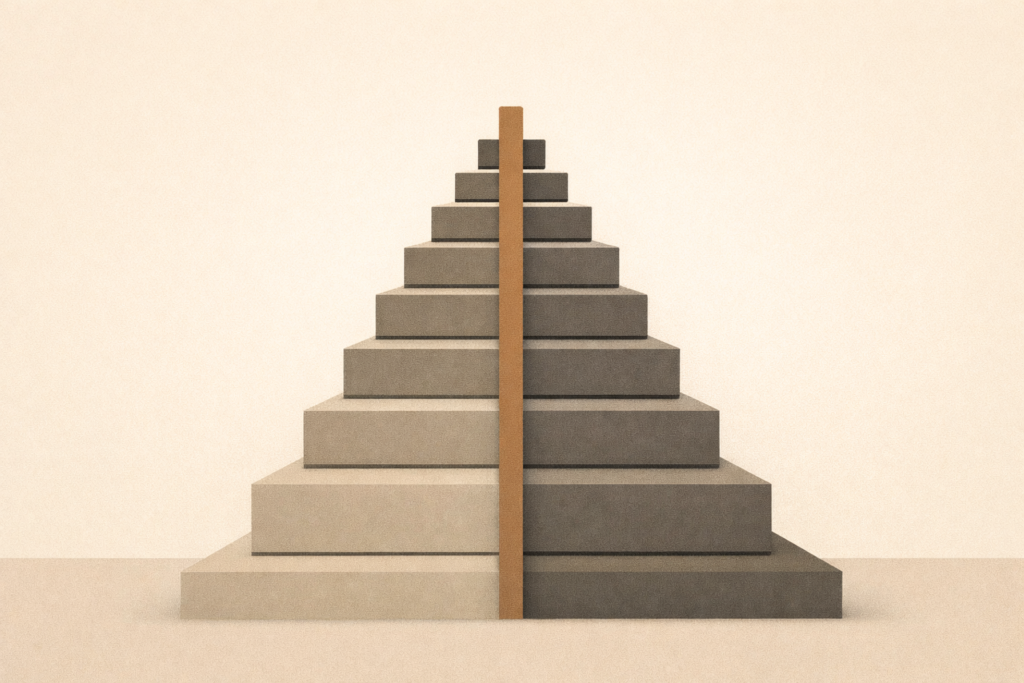 Tech wealth concentration illustrated as stacked horizontal layers narrowing upward, unified by a clay-brown vertical beam representing ownership.