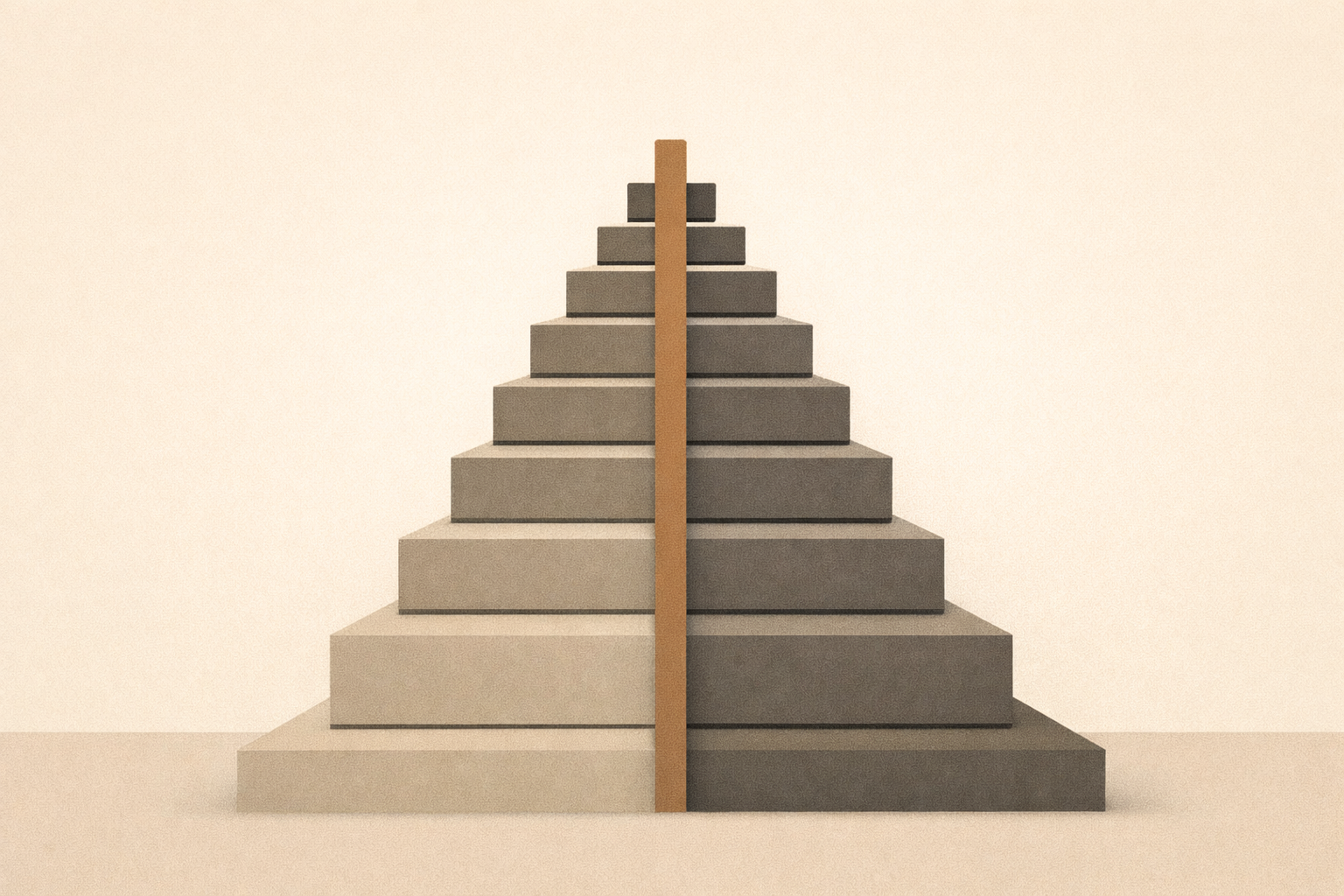 Tech wealth concentration illustrated as stacked horizontal layers narrowing toward the top, unified by a clay-brown vertical beam representing ownership.