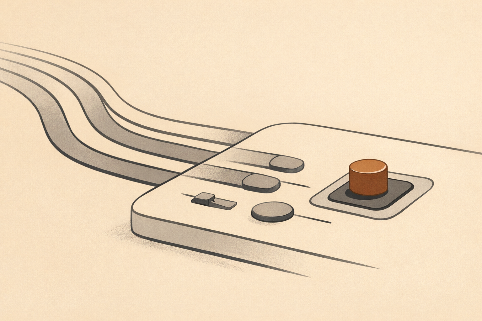 Minimalist editorial illustration showing automated pathways with a single manual control, representing disciplined human oversight in technology