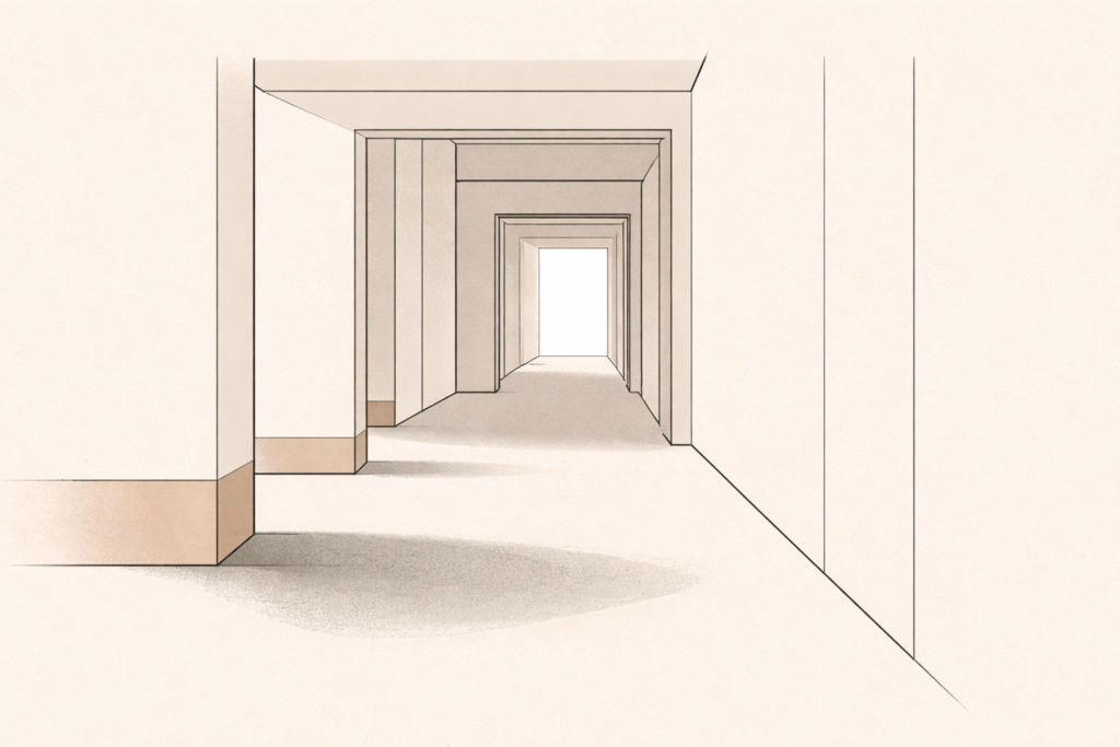 Minimalist editorial illustration representing the cost of speaking too late through a narrowing corridor and delayed intervention.