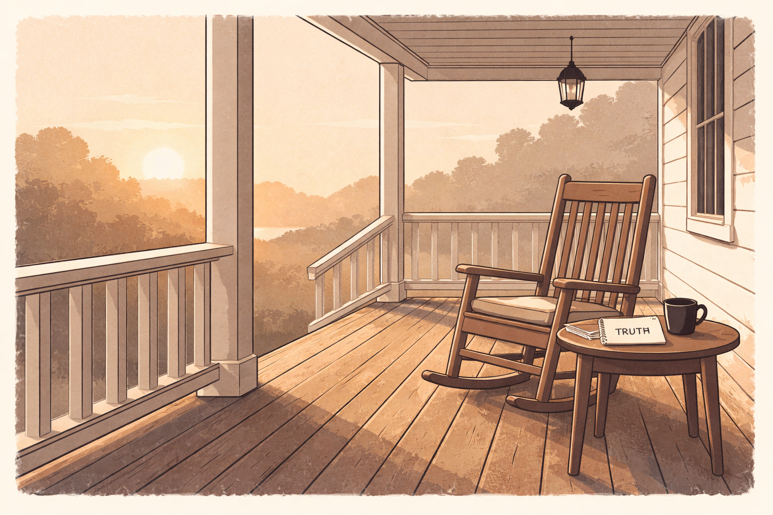 accountability over rhetoric illustrated by a quiet Southern front porch at sunrise