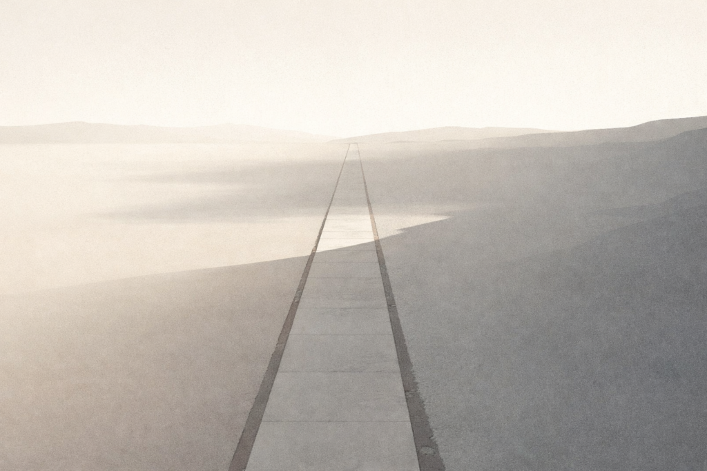 Ultra-wide minimalist illustration of a continuous architectural path partially obscured but intact, representing discipline through interruption without collapse