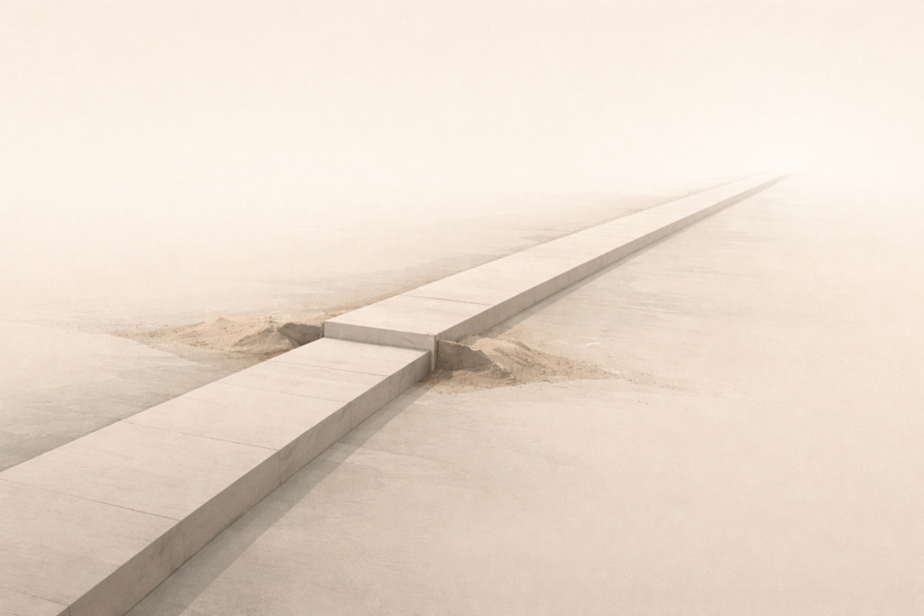 Ultra-wide minimalist architectural illustration of a narrow path continuing beyond a softened obstruction, symbolizing continuity and discipline after interruption.
