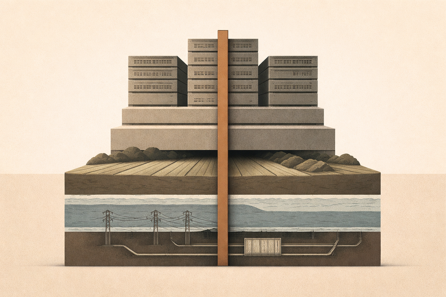 Physical cost of digital ambition illustrated as large server structures pressing onto land, water systems, and power infrastructure