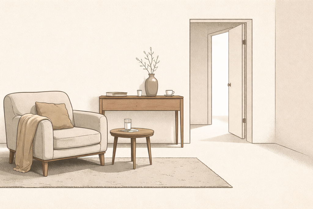 Minimalist illustration showing the soft life without boundaries through an overused calm interior space