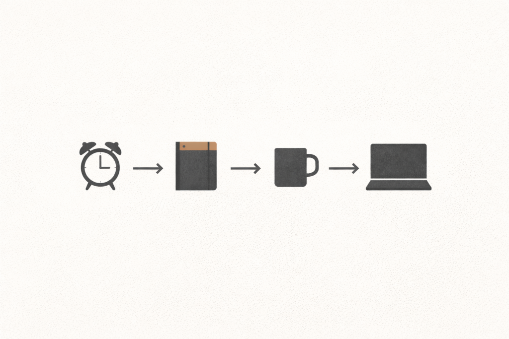 Minimalist editorial illustration showing a fixed daily sequence, representing disciplined order and predictable routines.