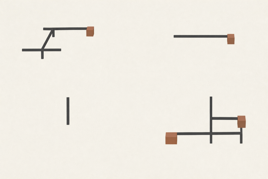 Minimalist architectural illustration with a reduced structural grid, representing narrowed inputs, focus, and disciplined subtraction.