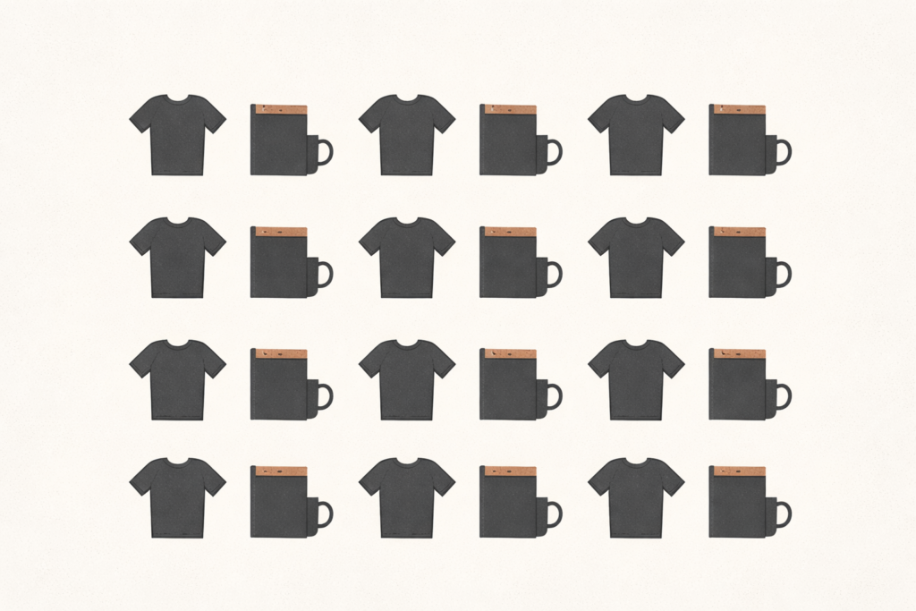 Minimalist editorial illustration showing repeated identical elements, representing reduced daily choices and standardized routines.