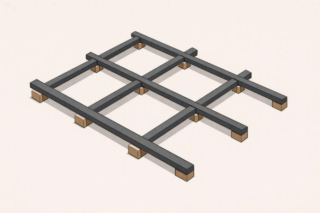 Minimalist architectural illustration showing a stable structural grid, representing discipline, restraint, and foundational clarity.