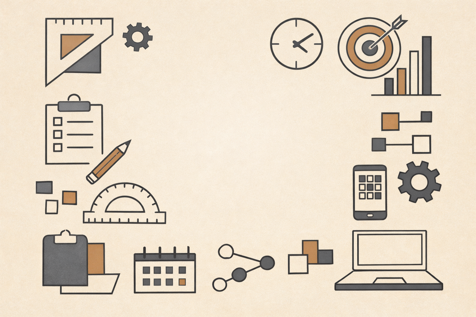 Minimalist editorial illustration of abstract geometric tools arranged around an empty center space, symbolizing technology and discipline requiring structure.
