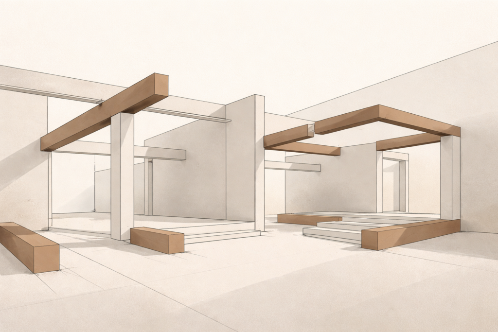 Minimalist architectural illustration showing incomplete relationship structures due to lack of instruction