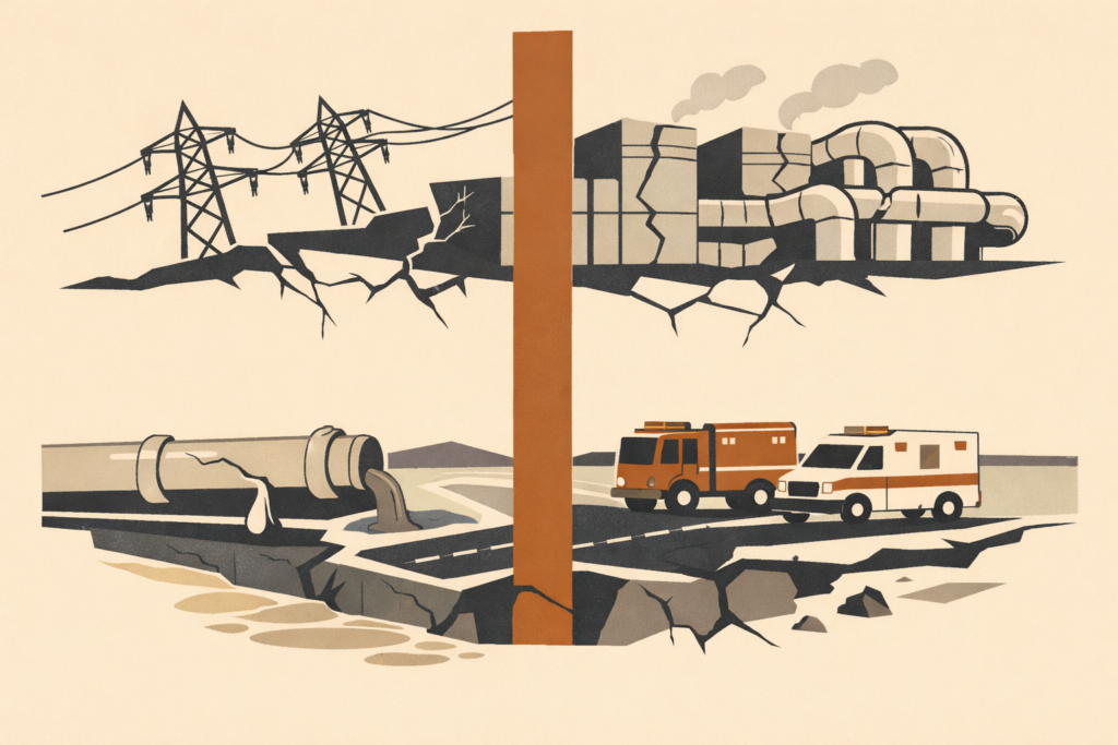Illustration showing digital infrastructure failure transferring costs to public systems and communities.