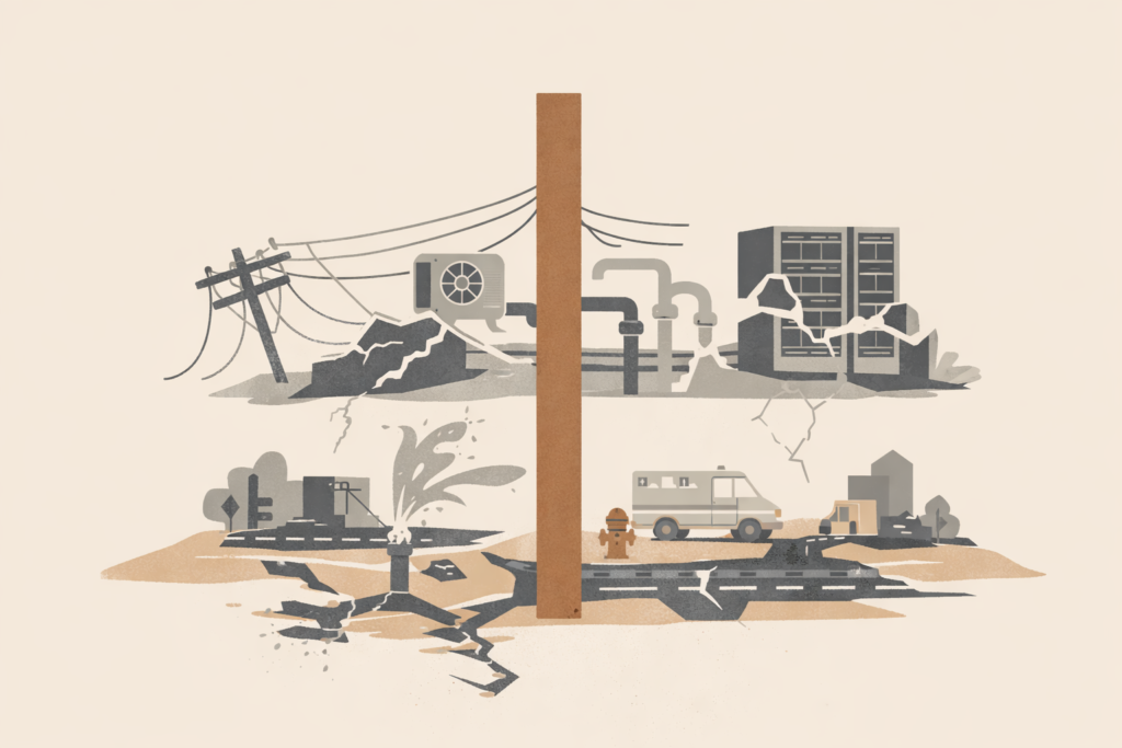 Digital infrastructure accountability illustrated through fractured data systems transferring failure costs to public services.