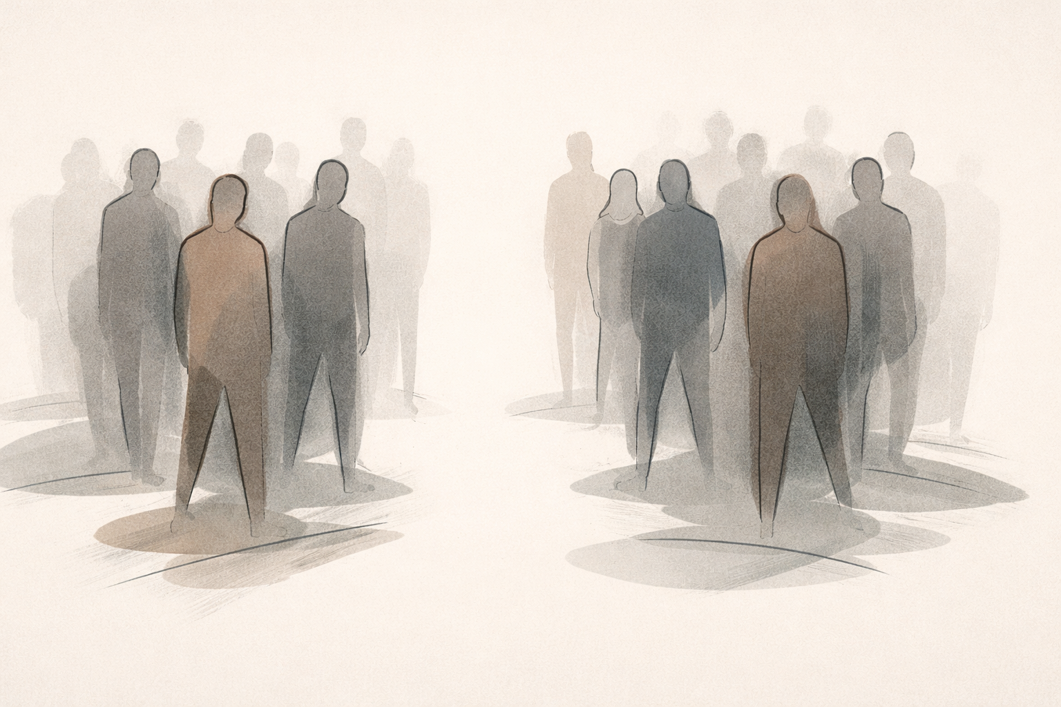 Abstract illustration representing responsibility diffusion in a crowd through shadows and negative space.