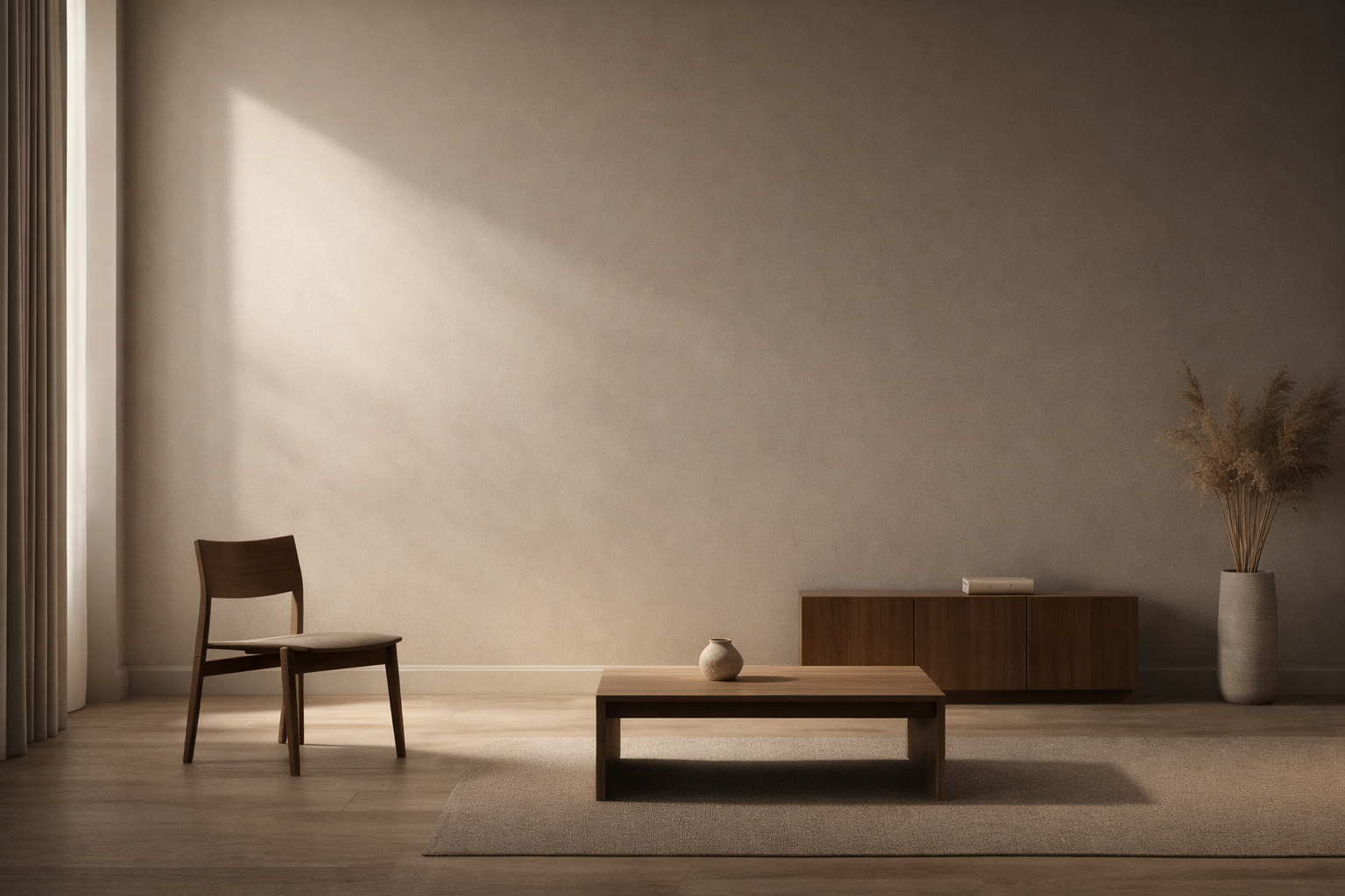 Minimalist interior in soft natural light representing stillness, inner listening, and discernment.