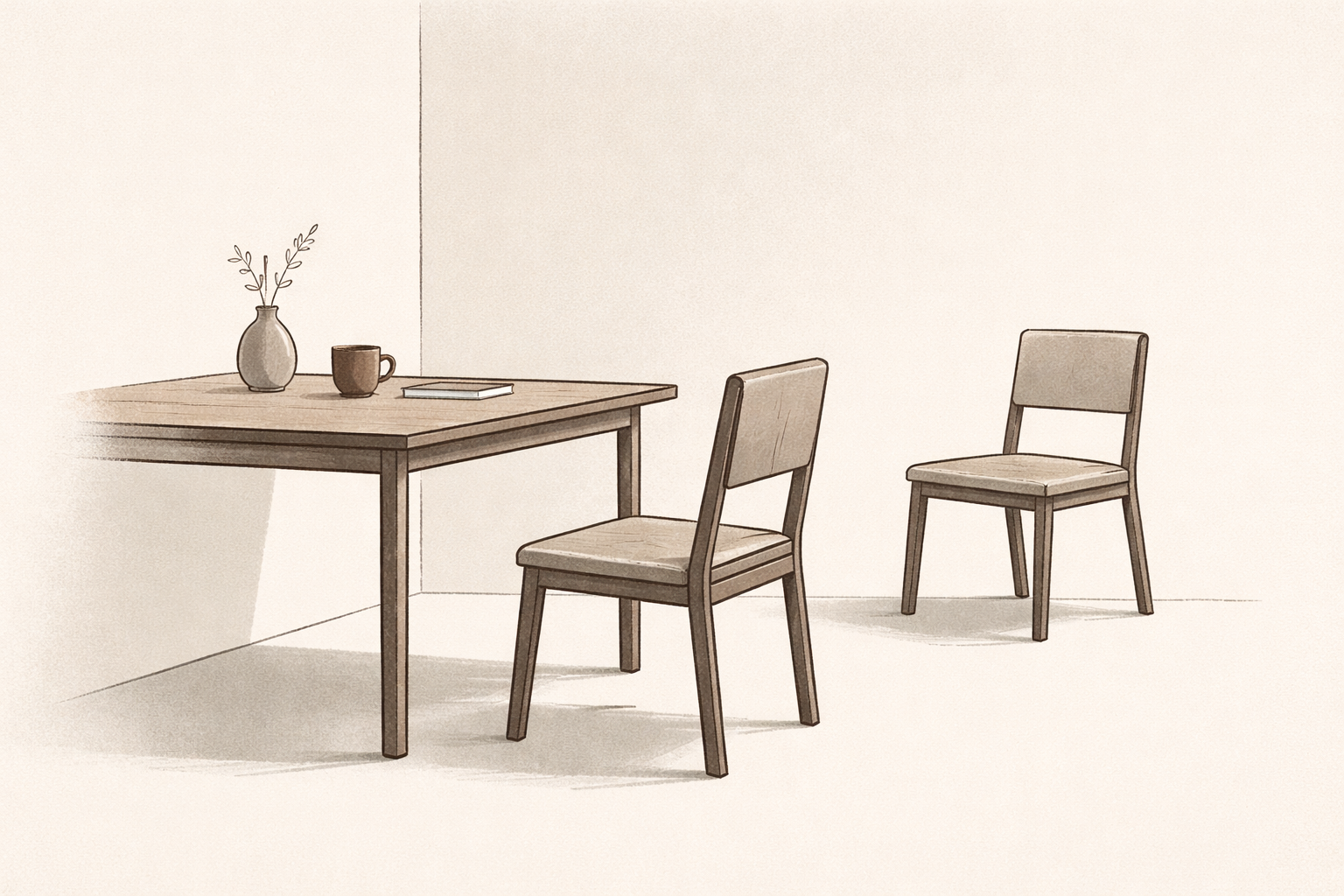 Minimalist illustration of two chairs at a table with subtle distance between them, representing emotional distance formed through strength and reliability.