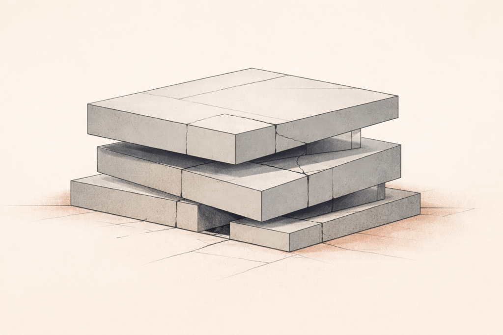 Minimalist architectural illustration showing a misaligned foundation with visible gaps between stacked structural layers, symbolizing strain caused by broken sequence.