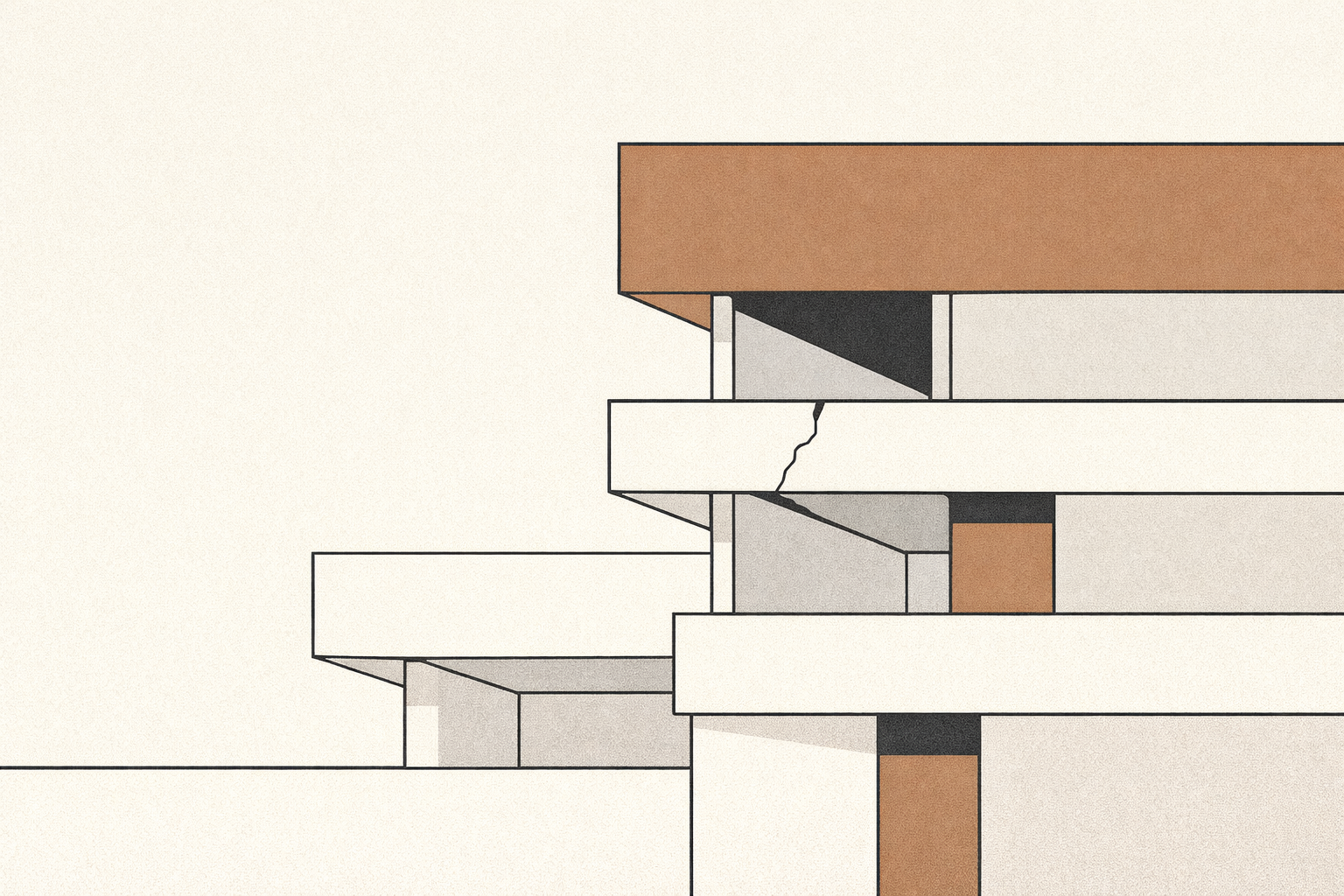 Minimalist editorial illustration showing deferred maintenance moral hazard as hidden structural strain beneath apparent stability.
