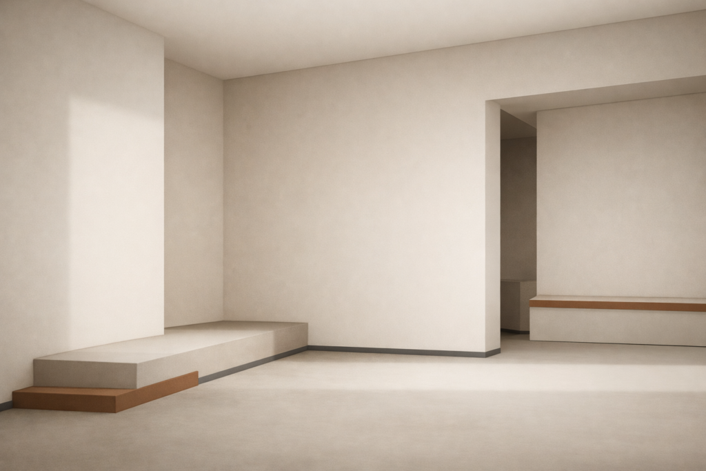 Minimalist interior space with soft light and clean architectural lines, representing emotional stillness and internal order.
