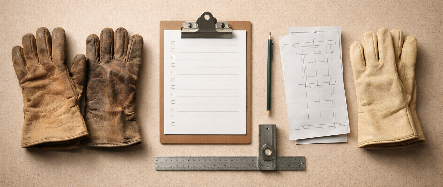 Minimalist industrial scene showing worn and new work gloves with shared tools, representing skilled labor training and continuity of standards.
