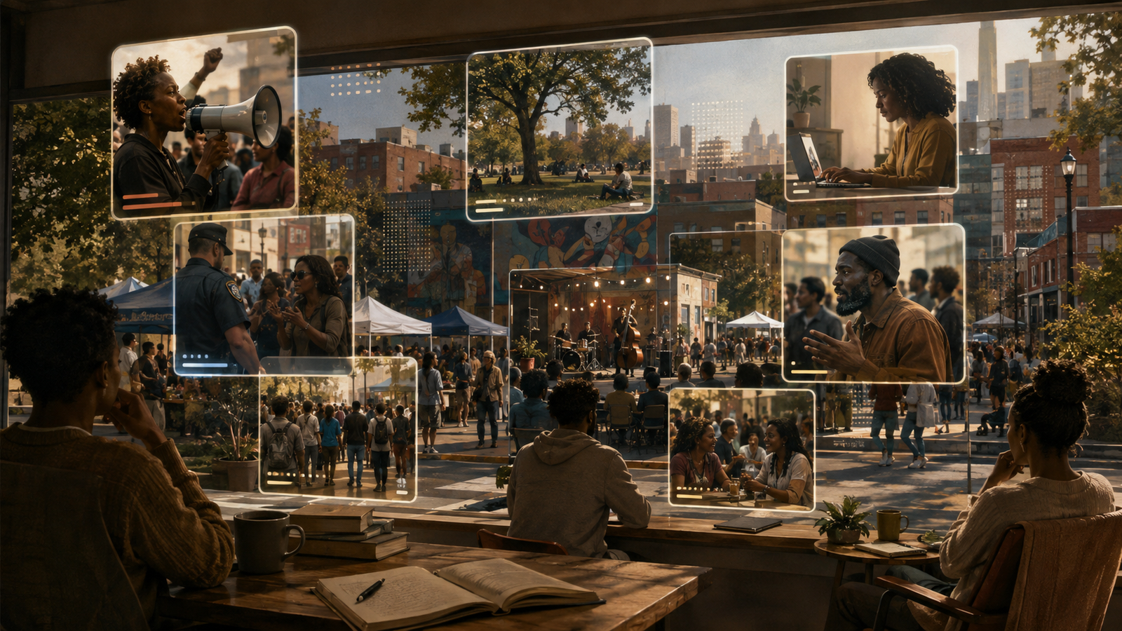 A public scene appears through different ranked visual fragments, representing algorithmic news fragmentation and personalized information exposure.