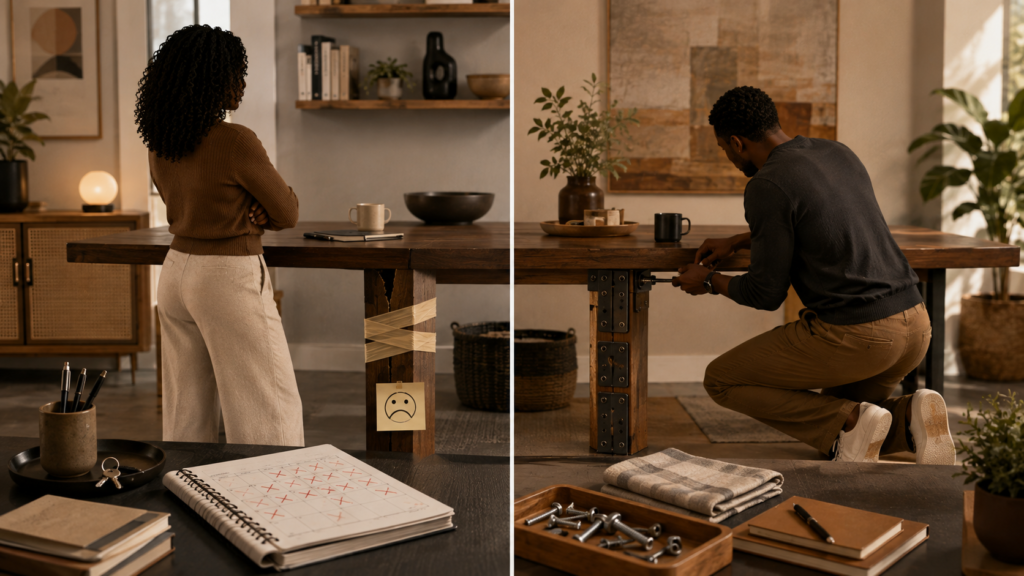 Two adults in a shared space examine a damaged structure being reinforced, illustrating apology, repair, accountability, changed behavior, and rebuilding trust.