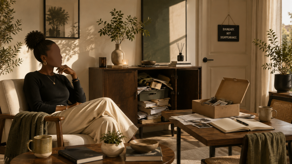 A composed woman sits in a calm interior while hidden clutter and an open notebook contrast emotional avoidance with genuine processing.
