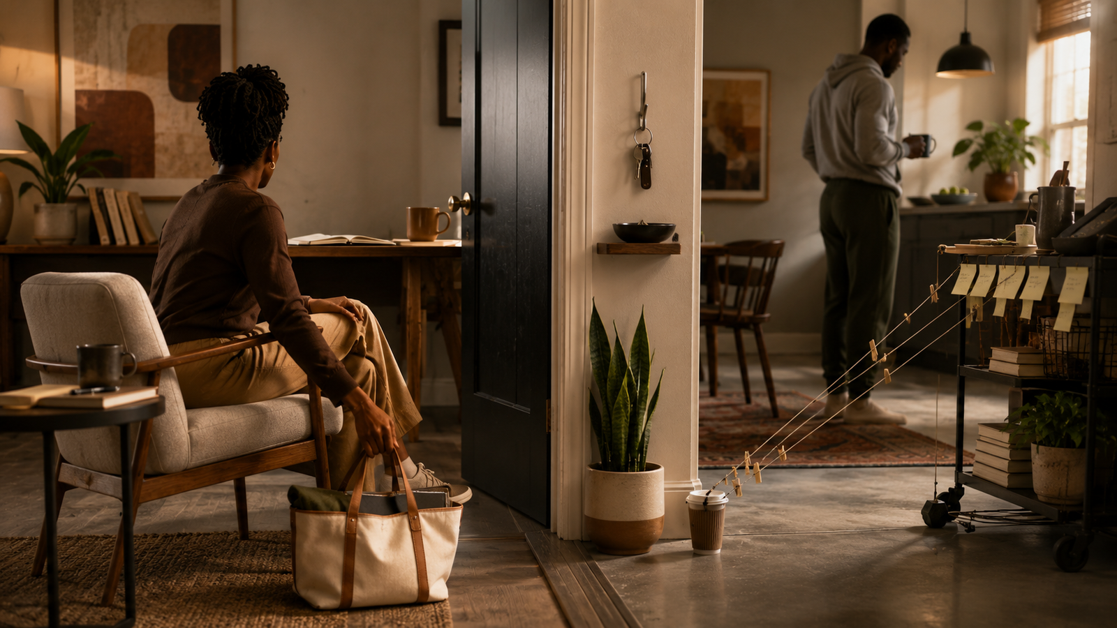 Two Black adults occupy adjoining spaces divided by a doorway, illustrating boundaries, personal agency, accountability, control, and consequences.